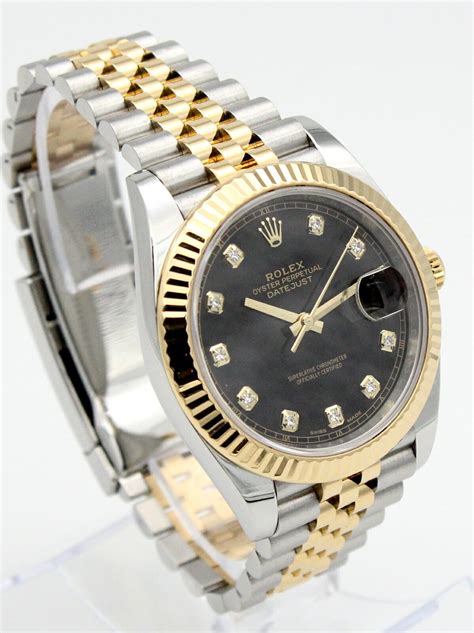 pre-owned rolex men's datejust two-tone oyster band black dial watch|used rolex datejust 41mm.